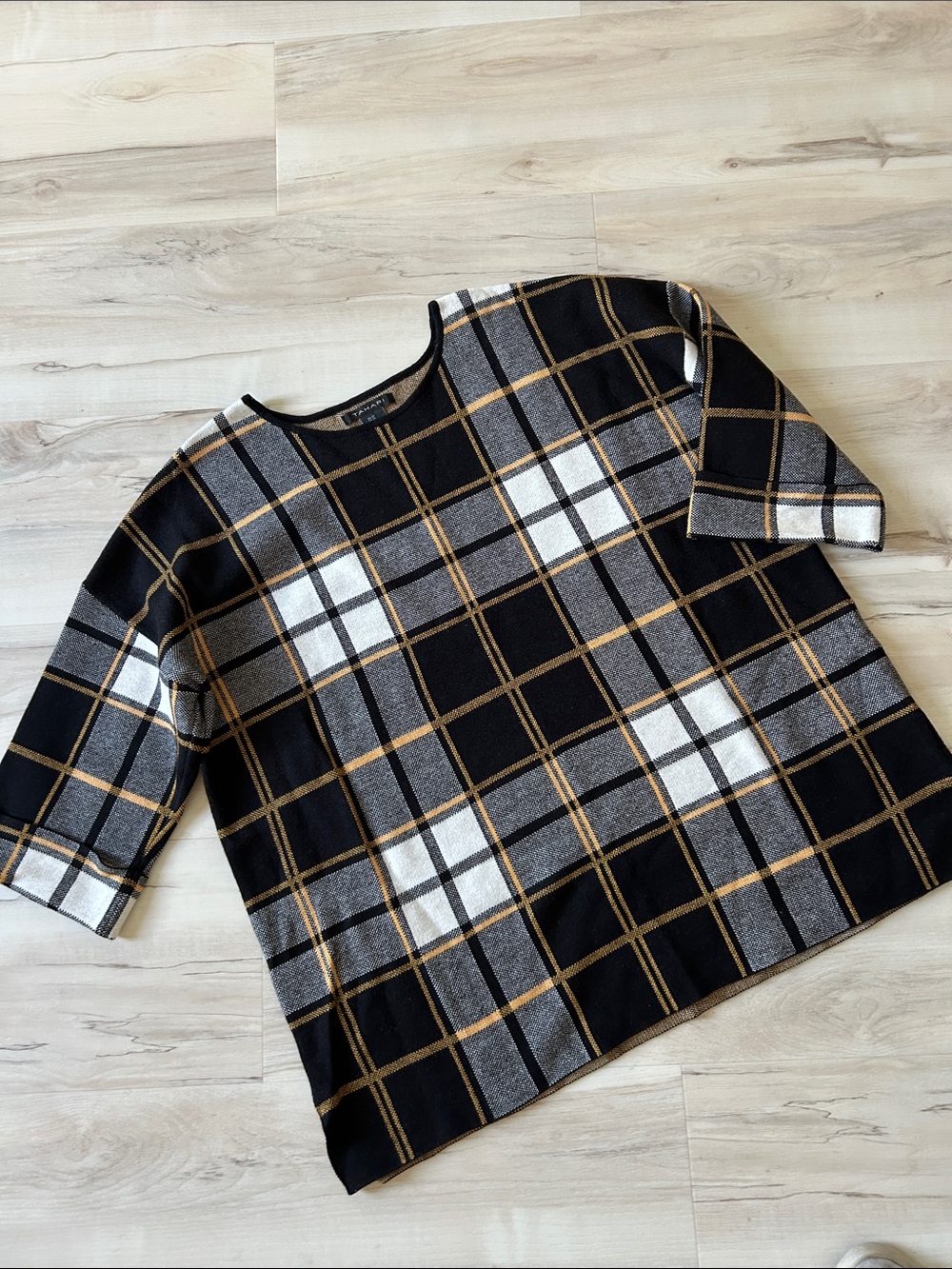 Tahari Black, Gray & Cream Plaid Boatneck woven Top